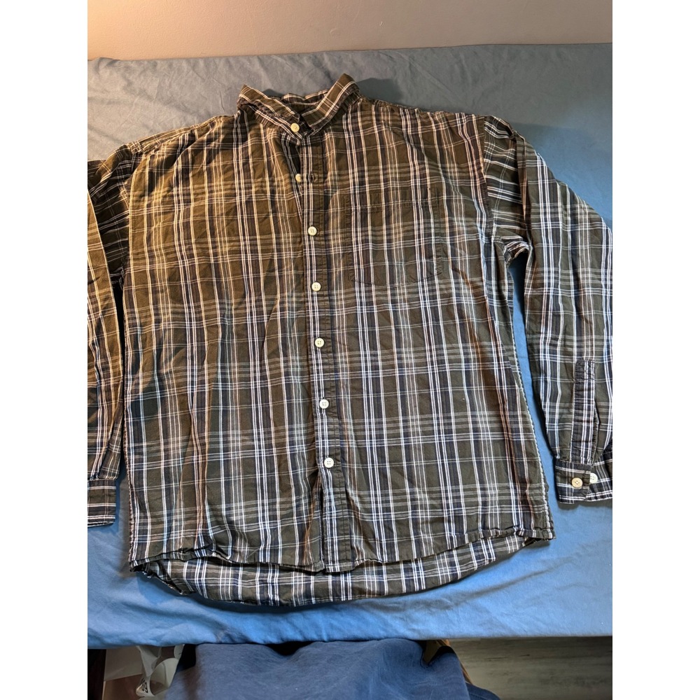Covington Boys XL 18 Plaid Button Down Shirt Olive Green Navy Blue Long Sleeve